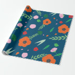 Papier Cadeau Bleu avec motif floral de couleur vibrante<br><div class="desc">Papier d'emballage cadeau bleu avec motif floral de couleur vibrante. Unique,  élégant et moderne. Présentant mes illustrations florales et feuillages. Roses,  Pavots,  feuilles,  pétales en orange,  rose,  verts,  rouges.</div>