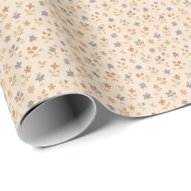 Papier Cadeau Bleu Beige Floral Vintage  (Coin rond)