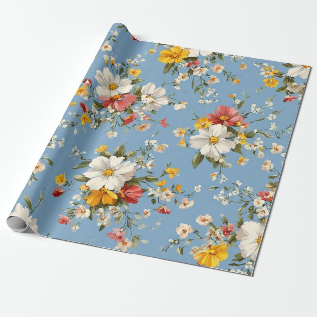 Papier Cadeau Bleu Blanc Jaune Rouge Fleur Pastel Boho 70s (Déroulé)
