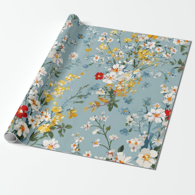 Papier Cadeau Bleu Blanc Jaune Rouge Fleur Pastel Boho 70s (Déroulé)