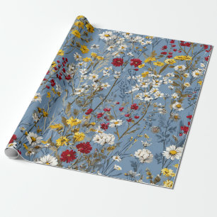 Papier Cadeau Bleu Blanc Jaune Rouge Fleur Pastel Boho 70s