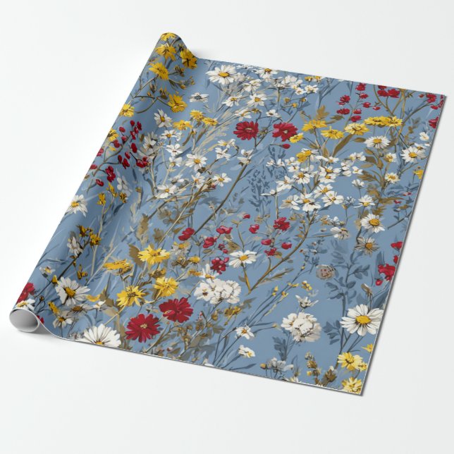 Papier Cadeau Bleu Blanc Jaune Rouge Fleur Pastel Boho 70s (Déroulé)