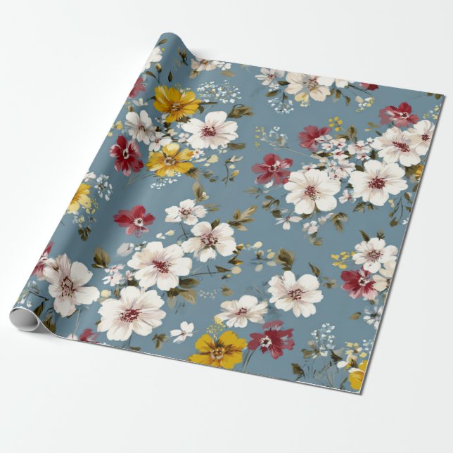 Papier Cadeau Bleu Blanc Jaune Rouge Fleur Pastel Boho 70s (Déroulé)
