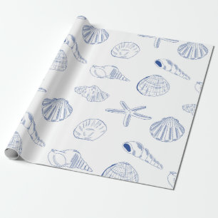 Papier Cadeau Bleu blanc Main dessinée Sea Shells Plage Été