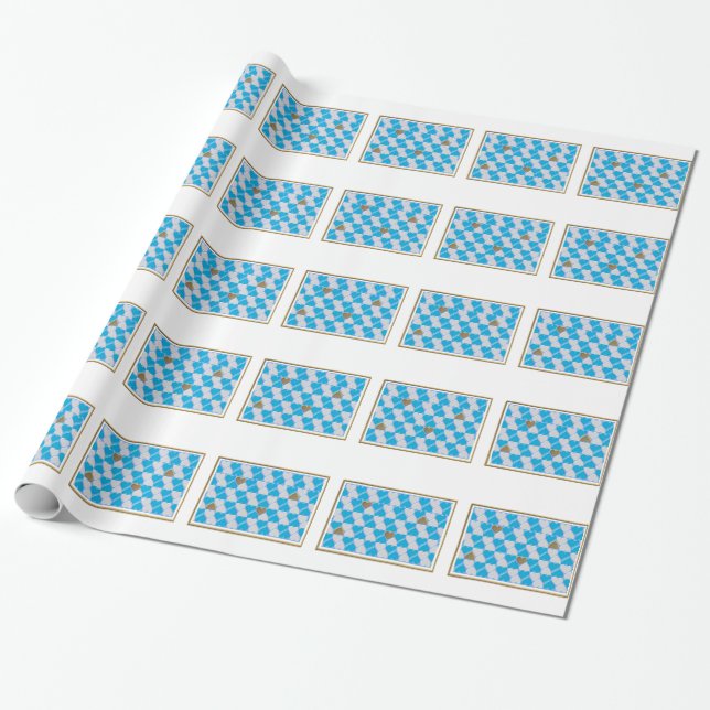 Papier Cadeau Bleu, blanc motif bavarois. (Déroulé)