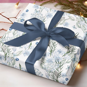 Papier Cadeau Bleu Blancs Aquarelle Motif Floral