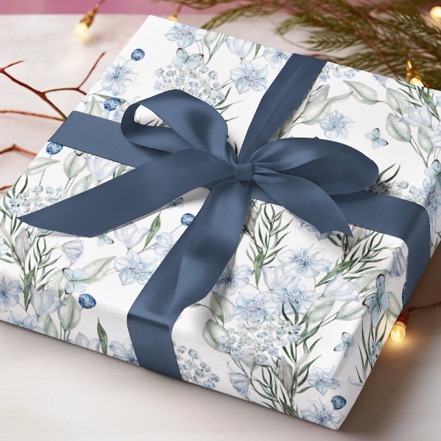 Papier Cadeau Bleu Blancs Aquarelle Motif Floral (Créateur téléchargé)