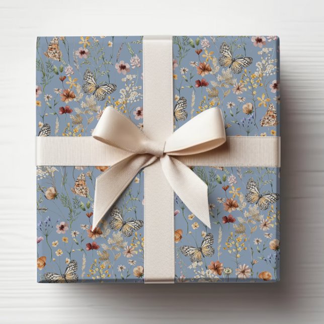 Papier Cadeau Bleu Boho Fleur Sauvage (Blue Boho Wildflower Wrapping Paper with Butterflies by Painted Paperie
)