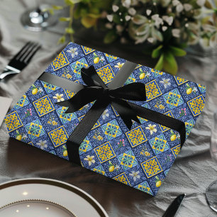 Papier Cadeau Bleu Chic Citron Méditerranéen Sicilien Téalgue
