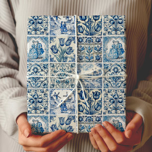 Papier Cadeau Bleu Chic toile blanche de jouy Poupées et fleurs