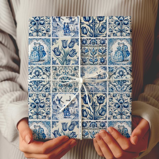 Papier Cadeau Bleu Chic toile blanche de jouy Poupées et fleurs (Créateur téléchargé)