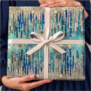 Papier Cadeau Bleu chic, turquoise et or