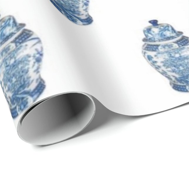 Papier Cadeau Bleu Chinoiserie Ginger Jar Jars Envelopper papier (Coin rond)