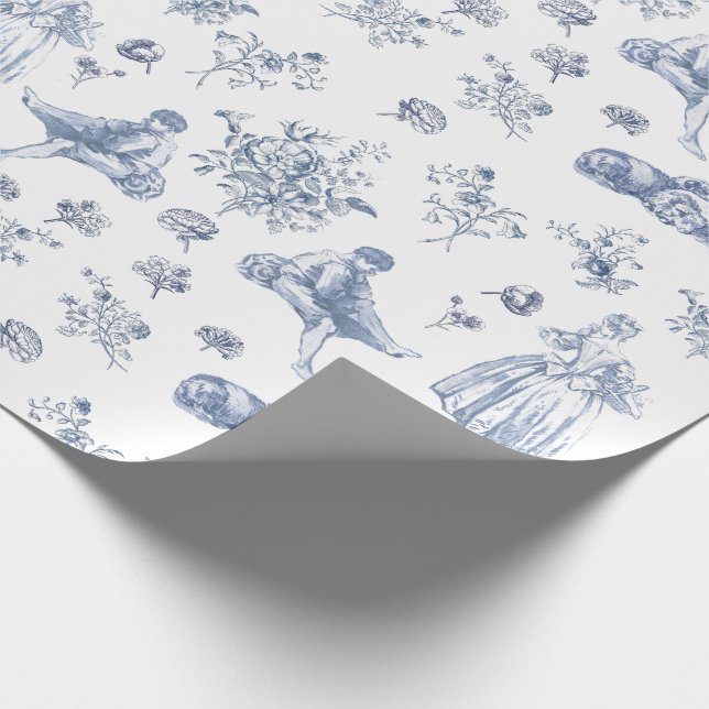 Papier Cadeau Bleu Chinoiserie Toile Floral Pastoral Français (Coin)