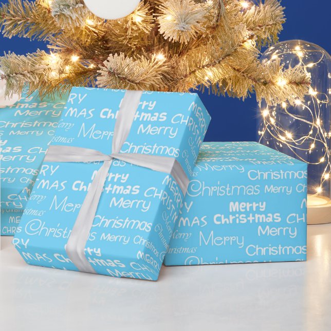 Papier Cadeau Bleu Clair & Blanc Joyeux Noël Festif (Vacances)