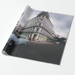Papier Cadeau Bleu Classic Vintage Car Cityscape