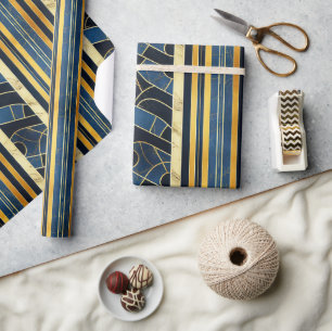 Papier Cadeau Bleu cobalt et or motif marbré Art Déco