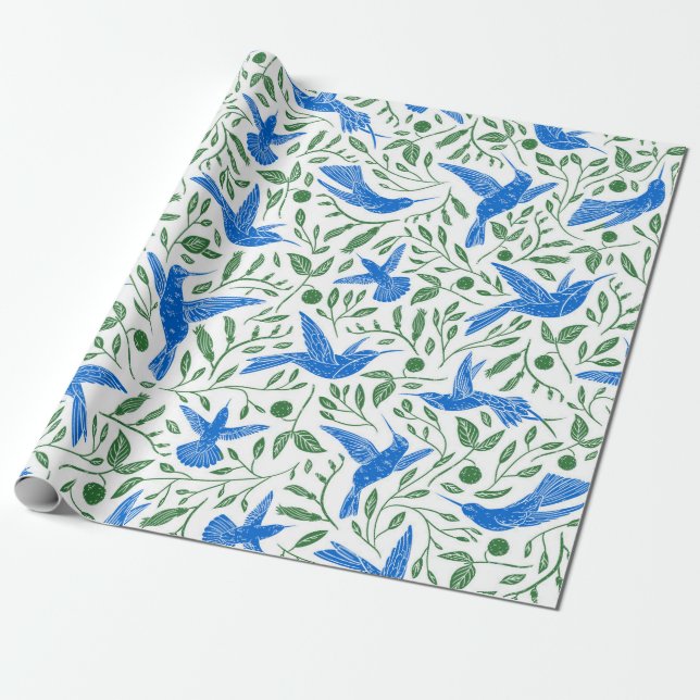 Papier Cadeau Bleu colibris vert feuille motif (Déroulé)