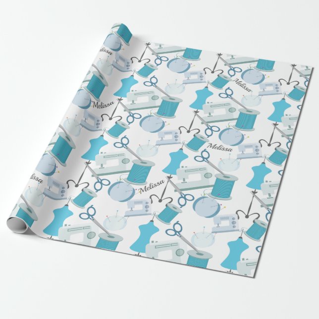 Papier Cadeau Bleu Couture Thème Quilters (Déroulé)