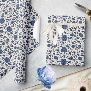 Papier Cadeau Bleu/Crémeux Blanc Vintage Frottant motif floral