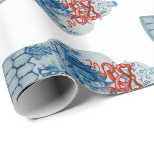 Papier Cadeau Bleu de Noël et jarre de gingembre blanc peint à