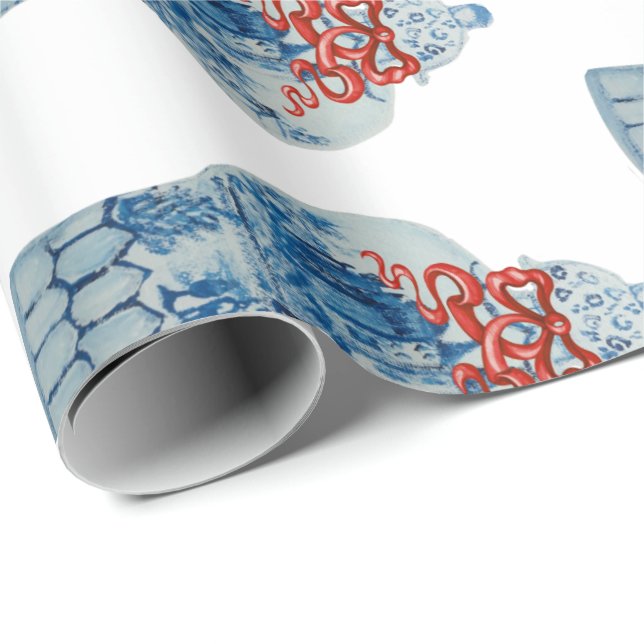 Papier Cadeau Bleu de Noël et jarre de gingembre blanc peint à l (Coin rond)