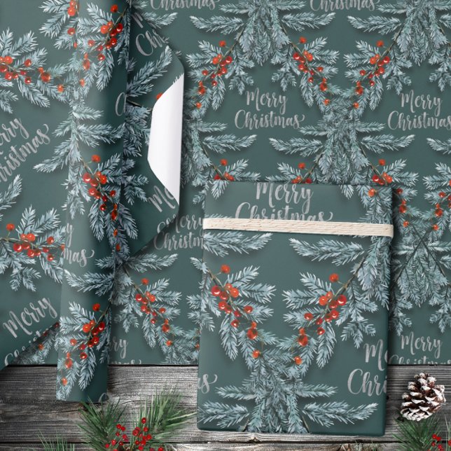 Papier Cadeau Bleu d'épinette Baies rouges Joyeux Noël (Créateur téléchargé)