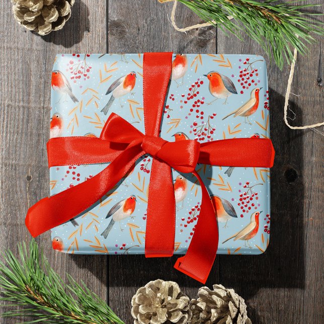 Papier Cadeau Bleu d'hiver et rouge-rouge-rouge-rouge-rouge (Cute Bird Blue Robin Winter Christmas Holiday Pattern Wrapping Paper)