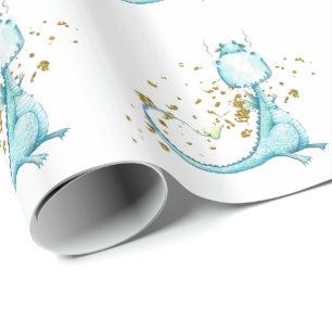 Papier Cadeau *~* Bleu doux Bleu Turquoise Dinosaures de dragon 