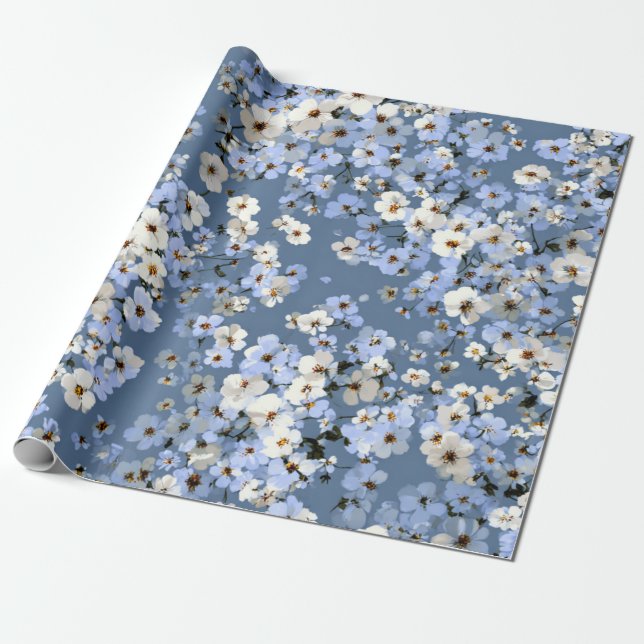 Papier Cadeau Bleu doux fleurs blanches Ditsy pastel boho 70s  (Déroulé)