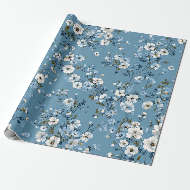 Papier Cadeau Bleu doux fleurs blanches Ditsy pastel boho 70s  (Déroulé)