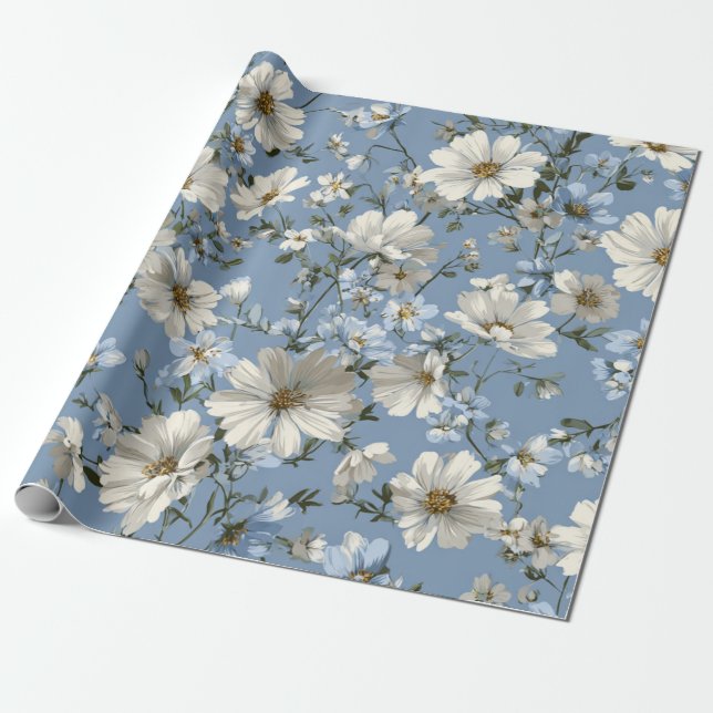 Papier Cadeau Bleu doux fleurs Ditsy blanc Pastel Boho 70s  (Déroulé)