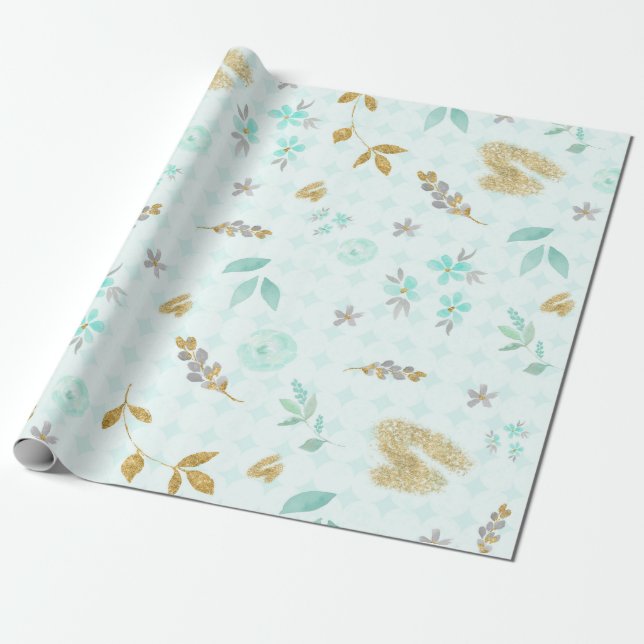 Papier Cadeau Bleu doux or pailleté aquarelle floral (Déroulé)
