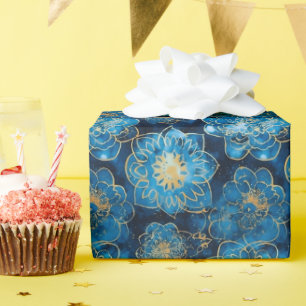 Papier Cadeau Bleu élégant et or floral - Botanique élégant