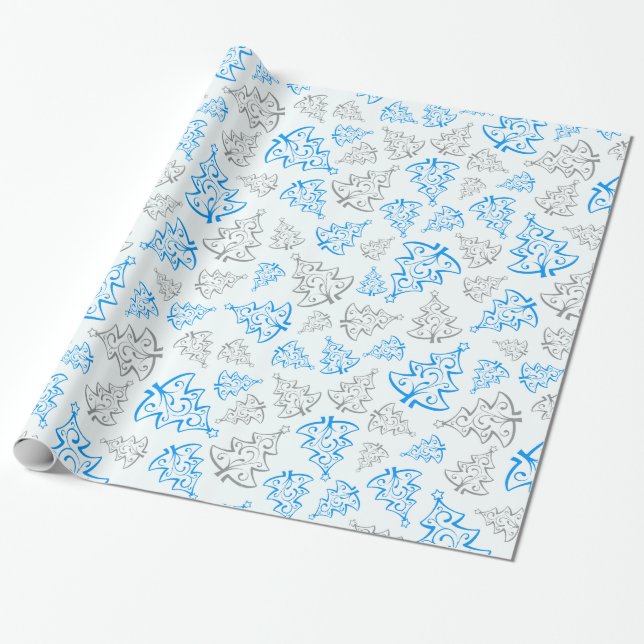 Papier Cadeau Bleu et argent Élégant Motif des arbres de Noël (Déroulé)