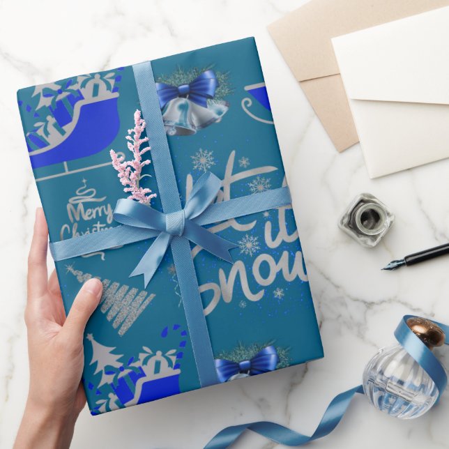 Papier Cadeau Bleu et argent Laisser neiger sur bleu | (Cadeaux)