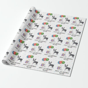 Papier Cadeau Bleu Et Blanc Boston Terrier Cute Dog - Anniversai