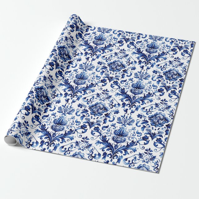 Papier Cadeau Bleu et blanc Delft style ornement floral motif (Déroulé)