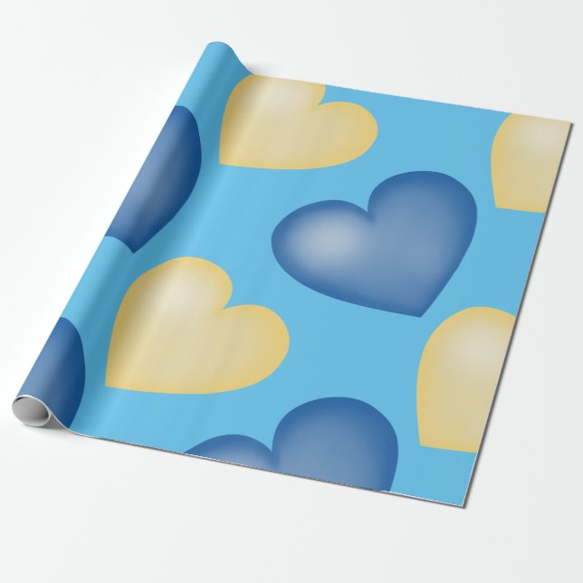 Papier Cadeau Bleu et jaune. Cœur. Amour (Déroulé)