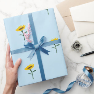 Papier Cadeau Bleu et Jaune Fleurs de soleil en fleurs