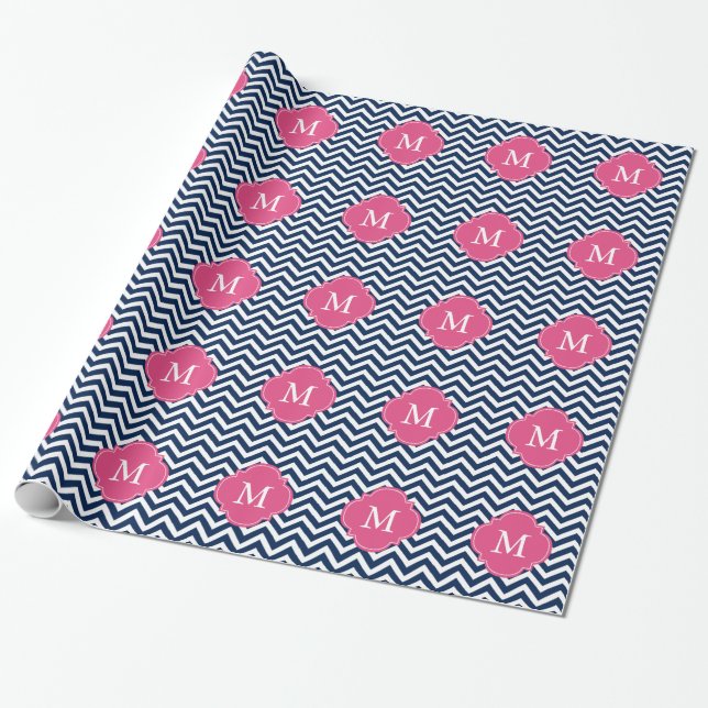 Papier Cadeau Bleu et monogramme de motif de zigzags de Fuschia (Déroulé)