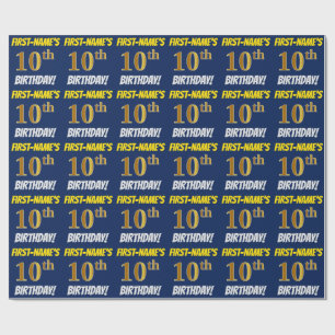 Papier Cadeau Bleu, Faux/Imitation Or, "10e ANNIVERSAIRE"
