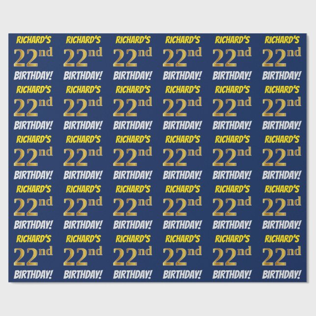 Papier Cadeau Bleu, Faux/Imitation Or, "22e anniversaire" (Plat)