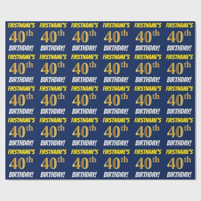 Papier Cadeau Bleu, Faux/Imitation Or, "40e ANNIVERSAIRE" (Plat)
