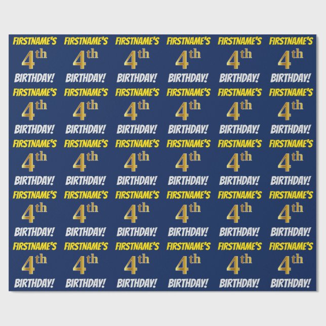 Papier Cadeau Bleu, Faux/Imitation Or, "4e anniversaire" (Plat)