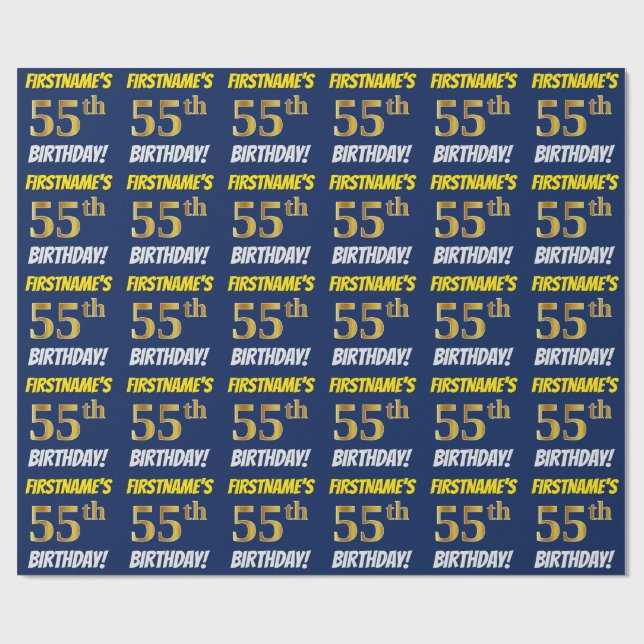 Papier Cadeau Bleu, Faux/Imitation Or, "55e anniversaire" (Plat)