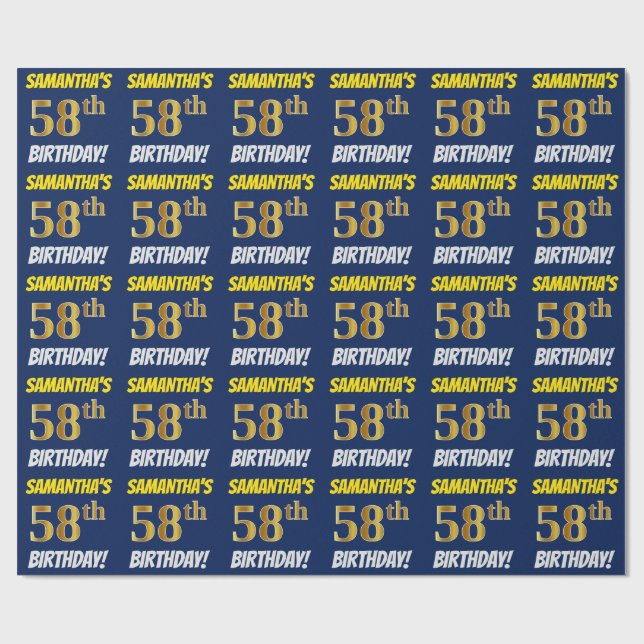 Papier Cadeau Bleu, Faux/Imitation Or, "58e ANNIVERSAIRE" (Plat)