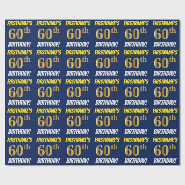 Papier Cadeau Bleu, Faux/Imitation Or, "60e ANNIVERSAIRE" (Plat)