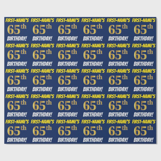 Papier Cadeau Bleu, Faux/Imitation Or, "65e anniversaire" (Plat)