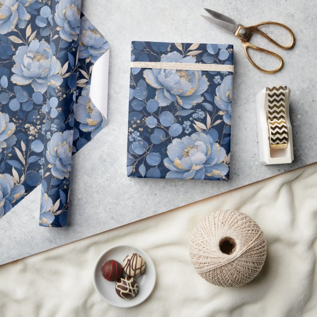 Papier Cadeau Bleu Floral Or Élégant  (Artisanat)